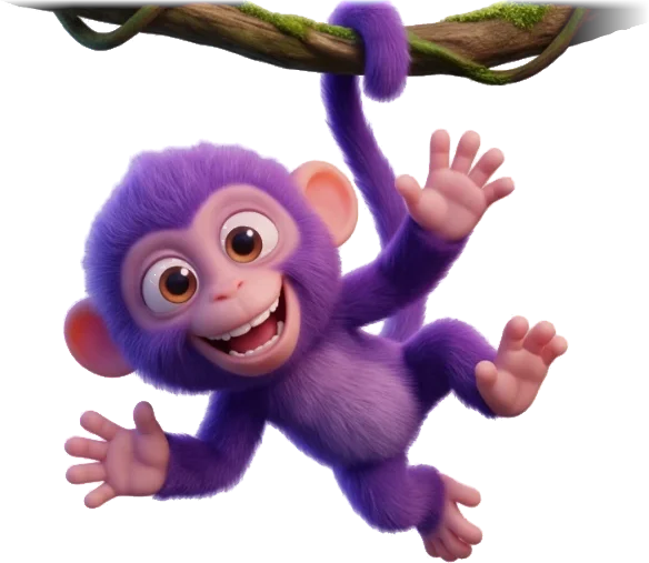 Berry, a fluffy purple monkey, hanging from a branch by the tail and waving