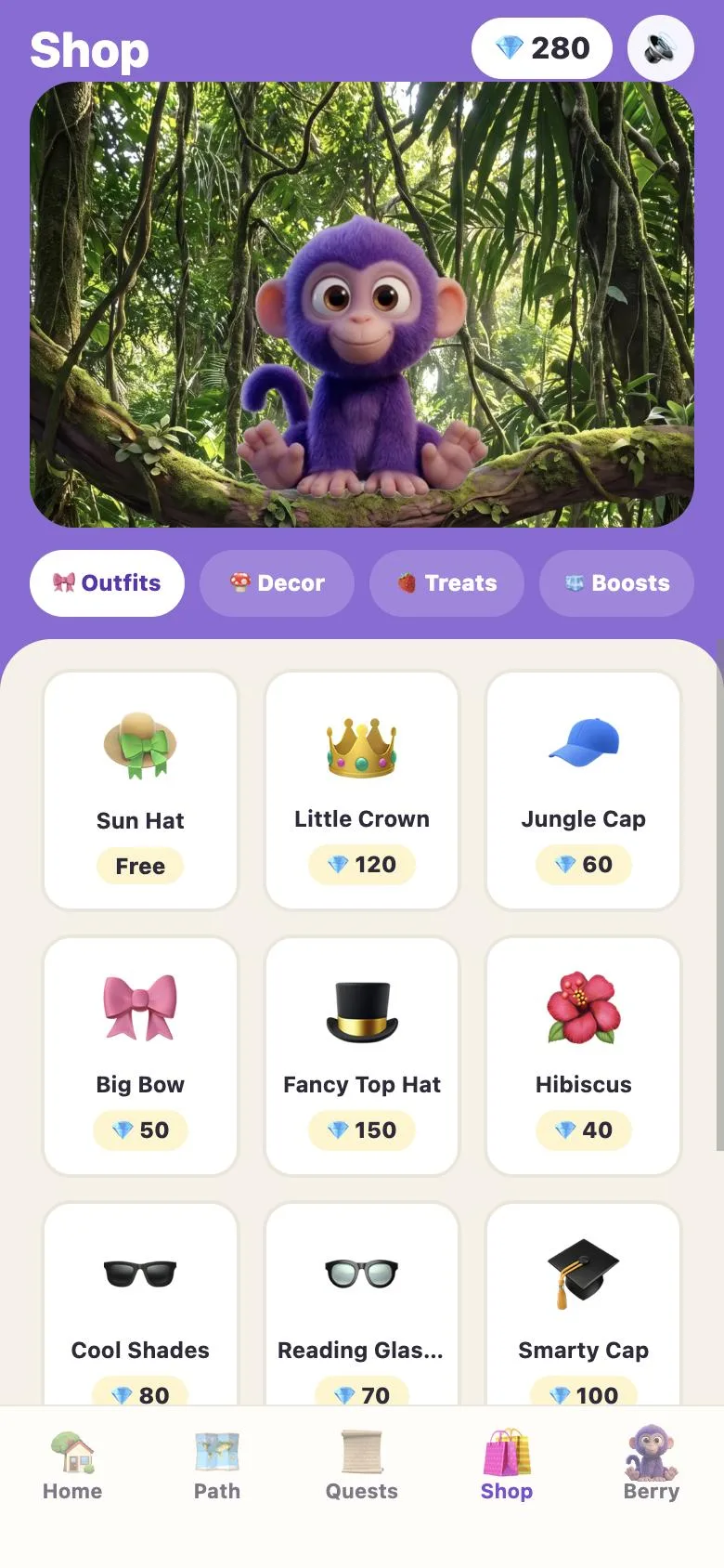 Shop screen with outfits for Berry such as a sun hat, little crown and big bow